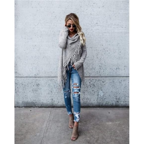 Women's Tassel Hem Sweater Long Cardigan Knitwer Pullover Poncho Coat - Picture 4 of 5